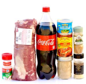 Pulled Pork Taco Ingredients including Coke, enchilada sauce, and garlic salt.