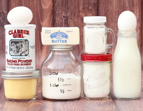 Cornbread Muffin ingredients, including baking powder, butter, and eggs.
