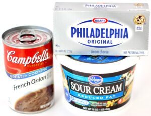 Can of French onion soup with cream cheese and sour cream.