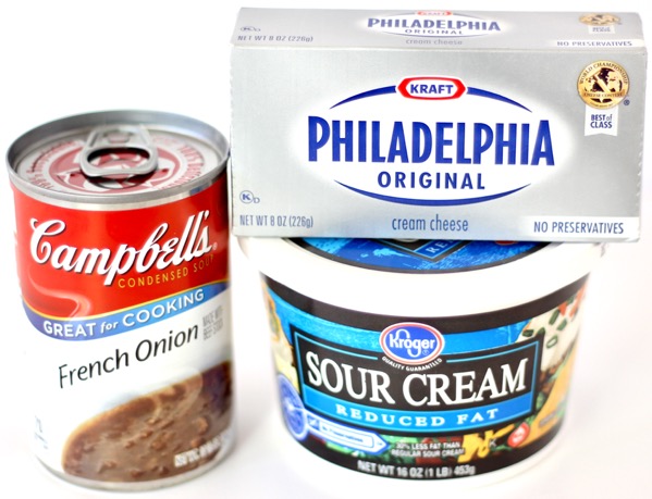 Can of French onion soup with cream cheese and sour cream.