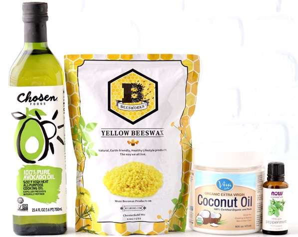 Containers of avocado oil, beeswax, coconut oil, and peppermint essential oil.