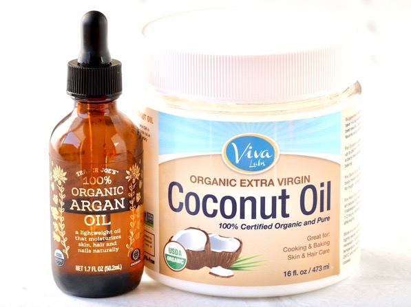 Containers of coconut oil and argan oil.