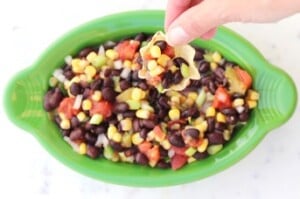 Cowboy caviar dip in bowl with chip.