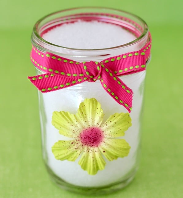 Lemon bath salts in small mason jar tied with ribbon.