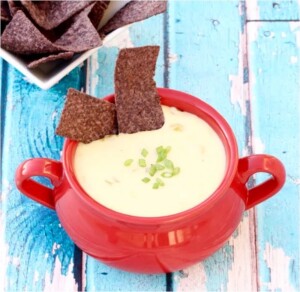 Queso in bowl with chips.