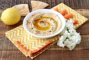 Hummus in small dish.