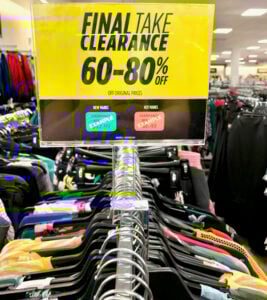 Clearance clothing rack at JC Penney.