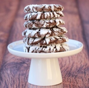 Stack of Mexican crinkle cookies coated in powdered sugar on cookie stand.