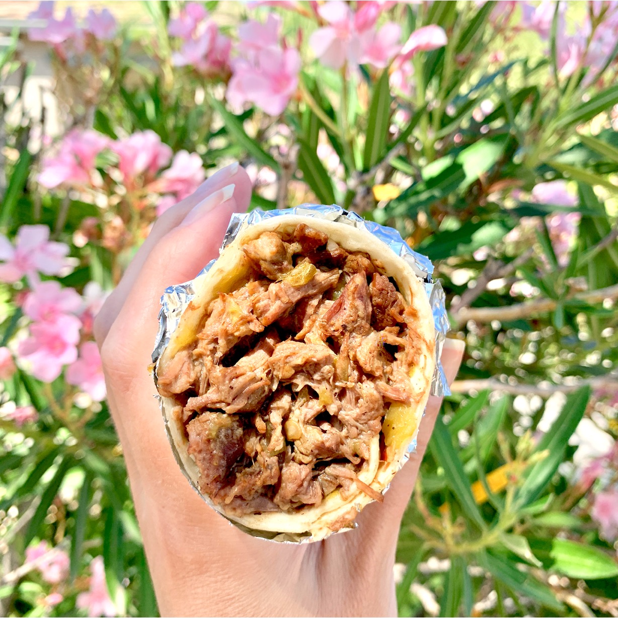 Beef burrito cut in half showing contents inside.