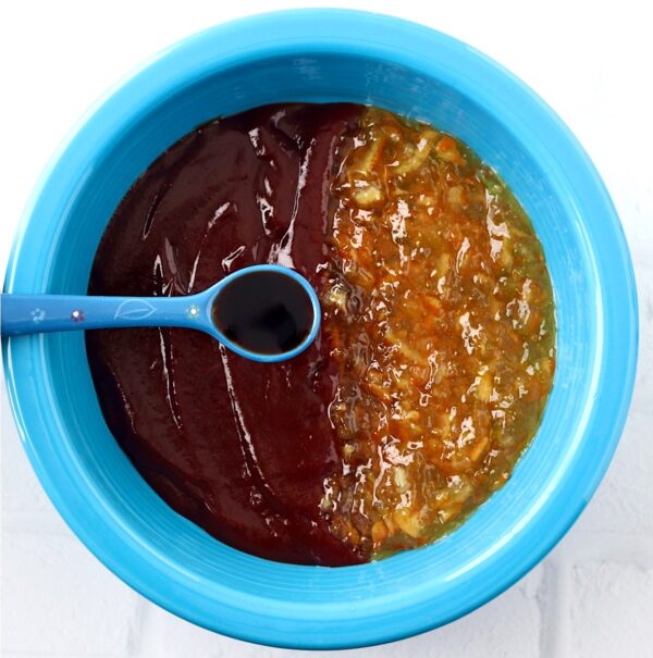 Orange chicken sauce in bowl.