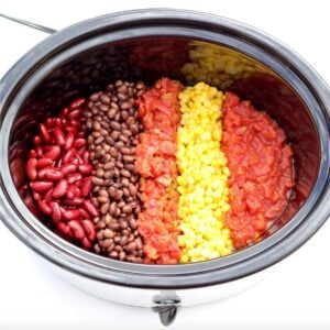 Chicken tortilla soup ingredients in crockpot.