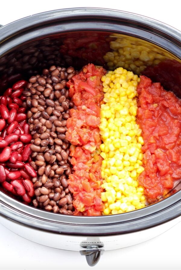 Chicken tortilla soup ingredients in crockpot.