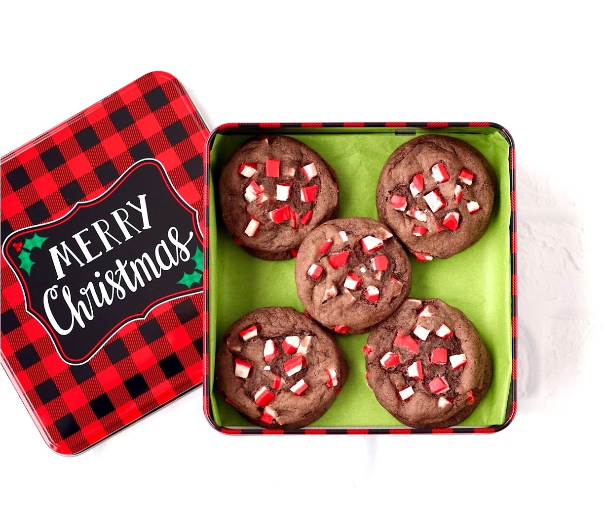 Chocolate peppermint cookies in Christmas Cookie tin.