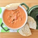 Cream cheese salsa dip in bowl with tortilla chips to the side.