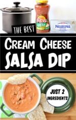 Creamy salsa dip in bowl with tortilla chips to the side.