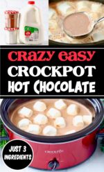 Collage of crockpot hot chocolate ingredients and hot cocoa in crock pot with marshmallows floating on top.