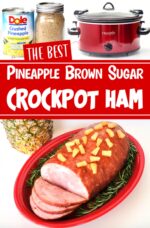 Brown sugar pineapple glazed ham on platter with pineapple pieces on top.