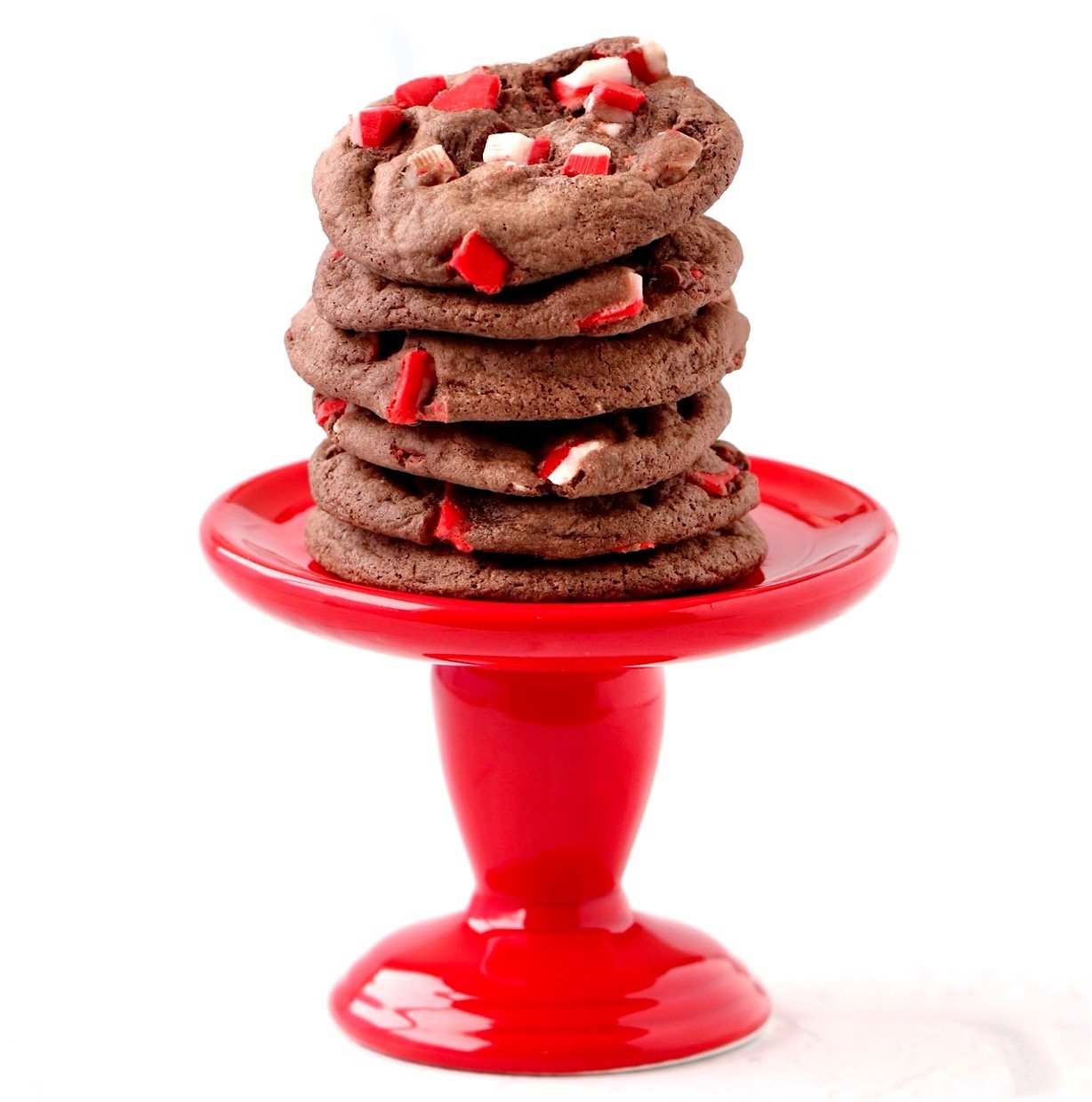 Stack of chocolate peppermint cookies on cookie stand.
