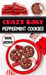 Three chocolate peppermint cookies on plate with Andes peppermint crunch mints.
