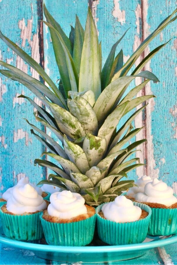 Crown of pineapple on plate surrounded by pineapple cupcakes topped with cool whip.