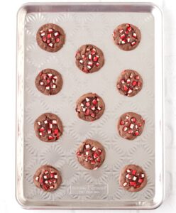 Chocolate peppermint cookies on cookie sheet.
