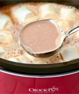 Ladle spooning out hot chocolate from crockpot.