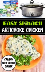 Piece of chicken on plate with creamy spinach artichoke dip sauce on top.