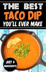 Baked cheese taco dip in skillet with green onions on top and chips dipped in.