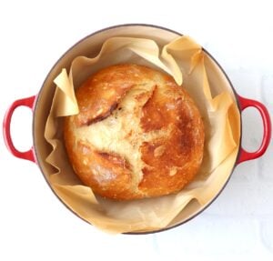 Loaf of crusty artisan bread in dutch oven.