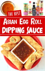 Egg roll dipping sauce in dish surrounded by egg rolls on plate.
