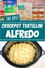 Tortellini Alfredo collage with ingredients and tortellini with Alfredo Sauce in crock pot.