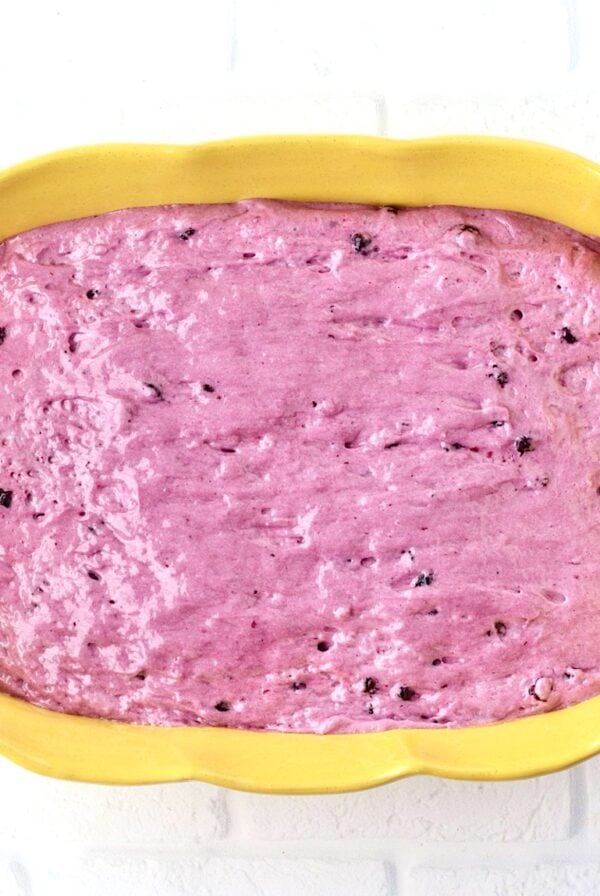 Blueberry Angel Food Cake Batter in 9x13 dish.