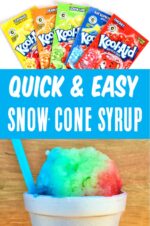 Snow cone in cup with straw and homemade snow cone syrup.