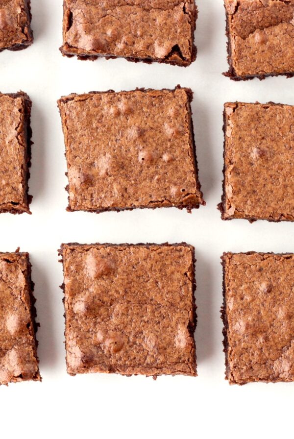 Nine chocolate homemade brownies cut into squares.