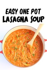 Lasagna soup in Dutch Oven pot with wooden spoon.