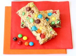 Two Granola Bars on a red napkin.