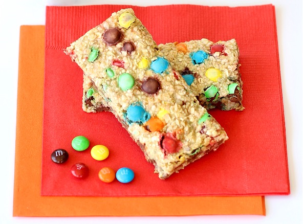 Two Granola Bars on a red napkin.