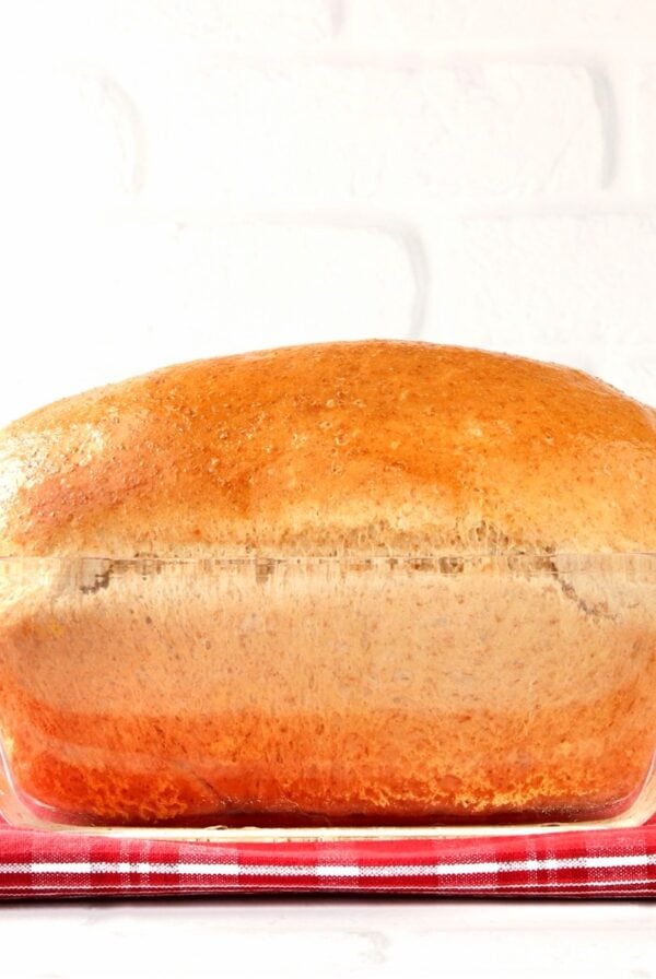 Loaf of homemade whole wheat bread in glass loaf pan.