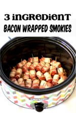 Bacon wrapped smokies with toothpicks inserted on a layer of brown sugar in crockpot.