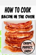 Six slices of crispy oven baked bacon on plate.