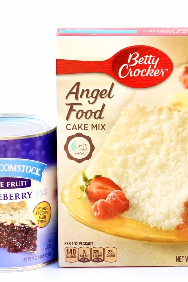 Pie filling and cake mix ingredients for blueberry angel food cake.