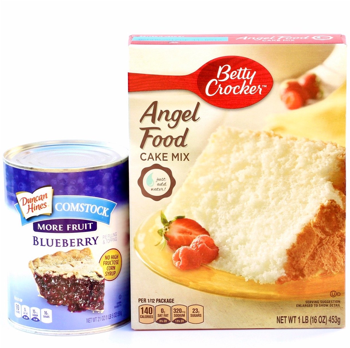 Pie filling and cake mix ingredients for blueberry angel food cake.