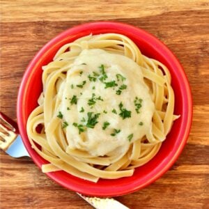 Alfredo Sauce on fettuccine noodles in small bowl with fork to the side.