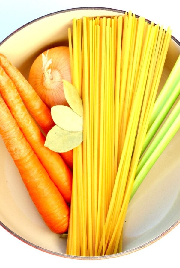 Ingredients for homemade chicken noodle soup in dutch oven.