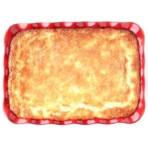 Baked pineapple angel food cake in 9x13 baking dish.