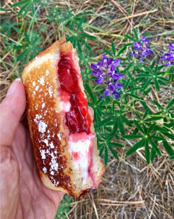 Strawberry pudgy pie with powdered sugar held by hand.