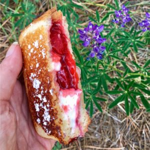 Hand holding strawberry pudgy pie with powdered sugar on top.