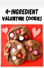 Three chocolate M&M Valentine's Day Cookies on red napkin.