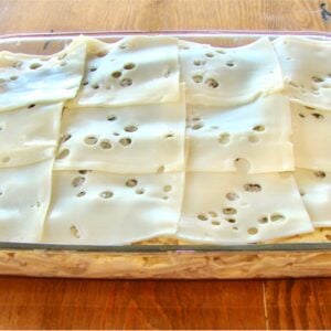Chicken and stuffing casserole in 9x13 baking dish.