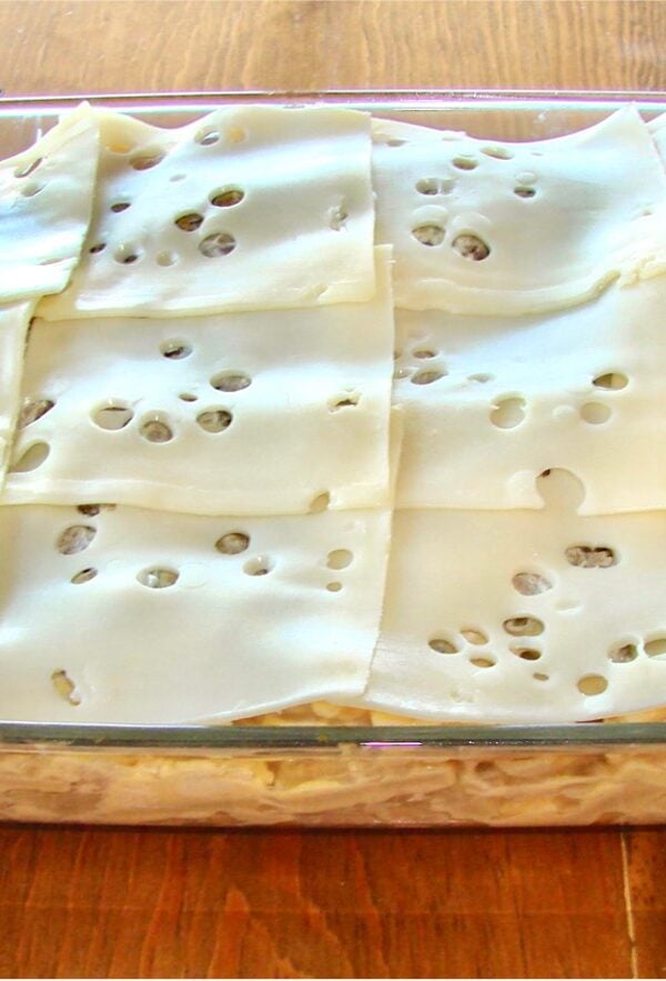 Chicken and stuffing casserole in 9x13 baking dish.